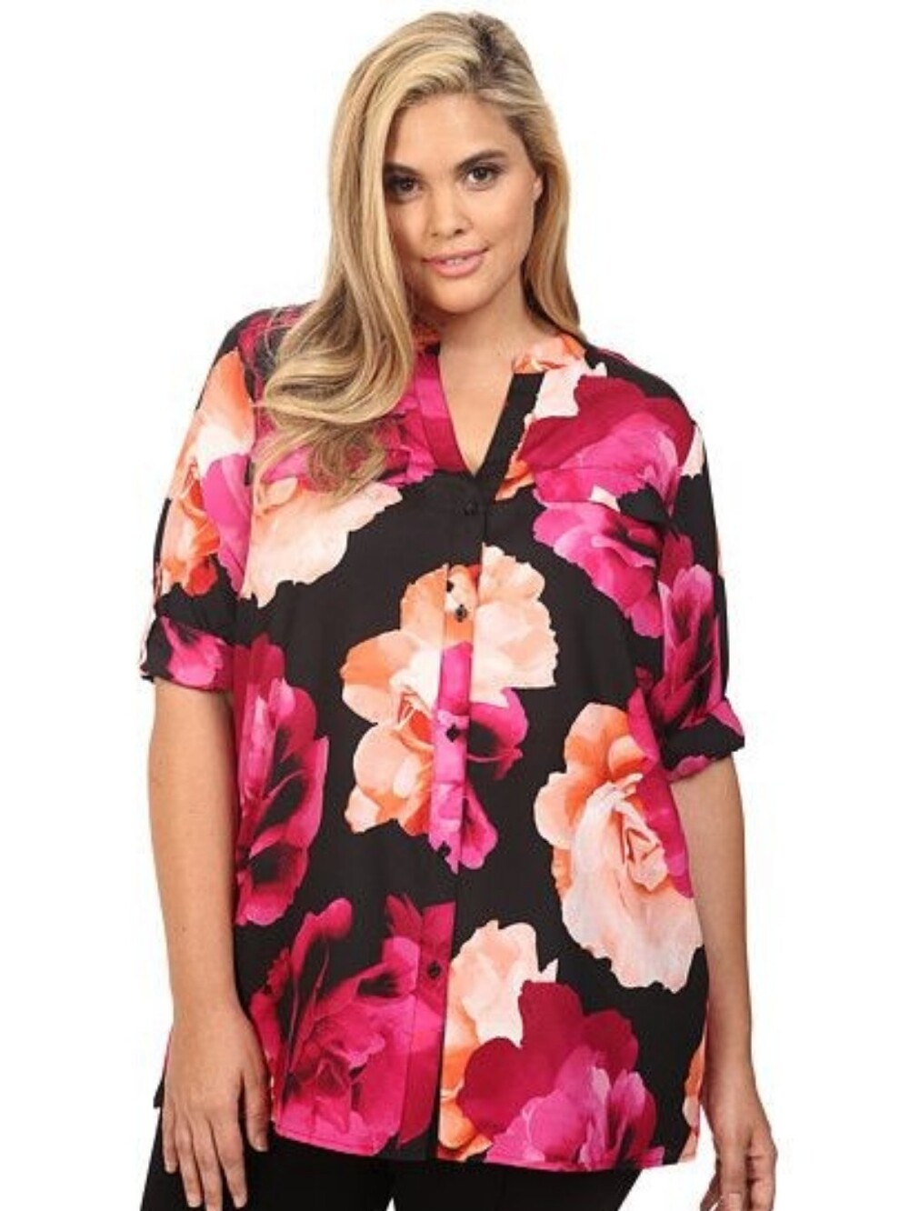 Calvin Klein Black Button-Front Blouse with Pink & Orange Floral Print